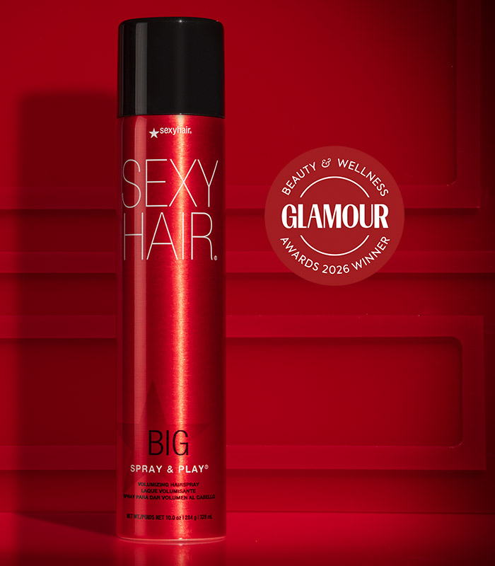 a picture of big sexyhair spray and play on a red background with 2026 glamour award seal