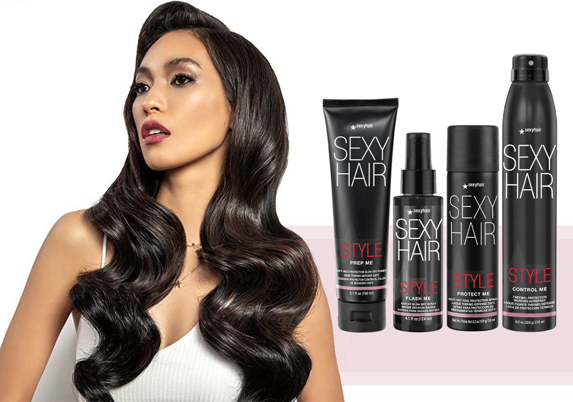 heat styling products with female model