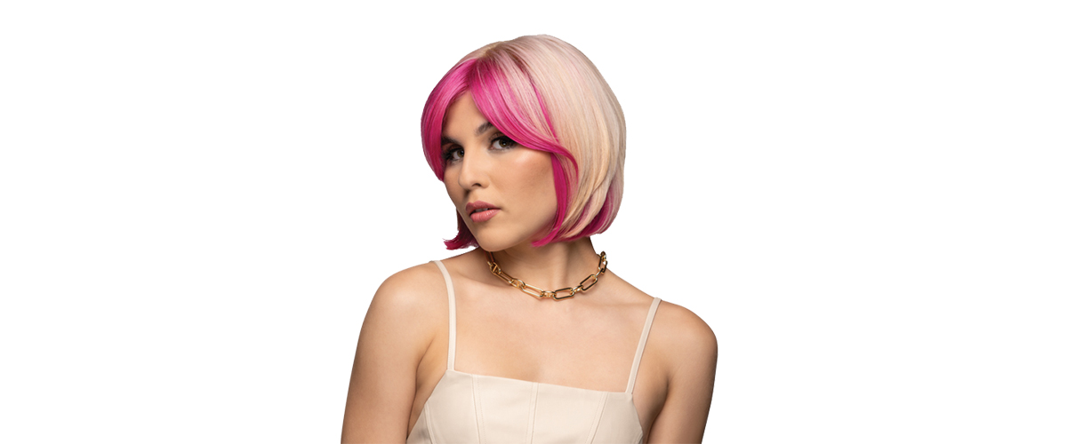 female model pink and blonde short hairstyle