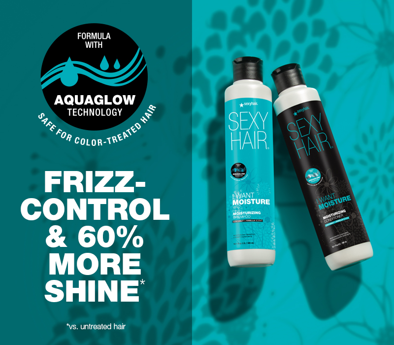 0513_SH_Care_Product_Moisture_800x700_UPDATE an infographic showing I Want Moisture shampoo and conditioner. Formula with Aquaglow technology. Safe for color-trated hair. Frizz-control and 60% more shine*. *vs. untreated hair.
