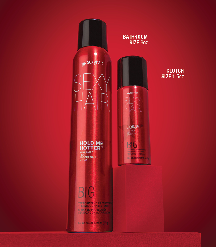 hold me hotter bathroom size 9oz and clutch size 1.5oz on red background